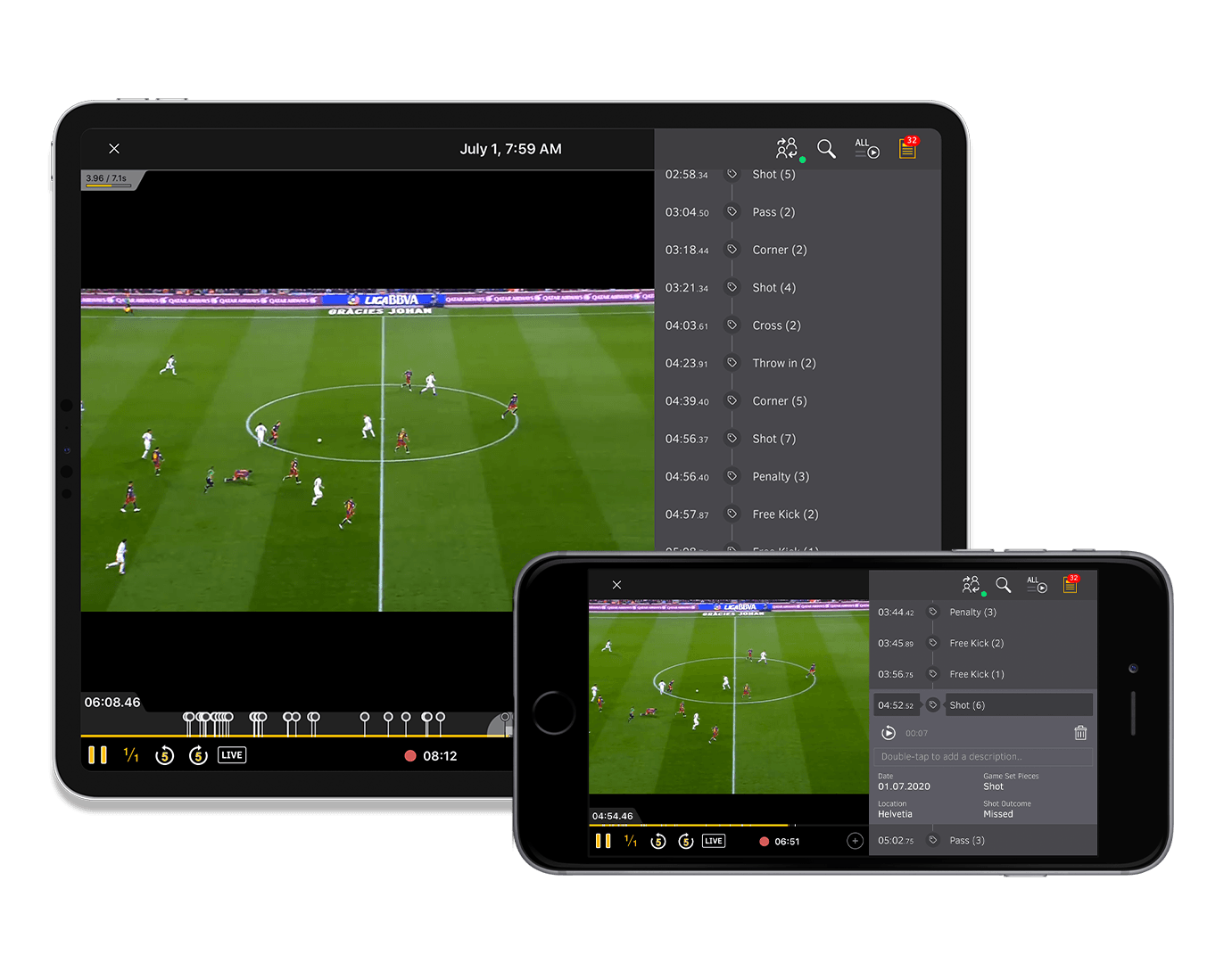 スマートフォンとタブレットに表示したDartfishの試合映像とタグ一覧