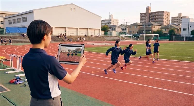 陸上競技の練習をタブレットで撮影するイメージ