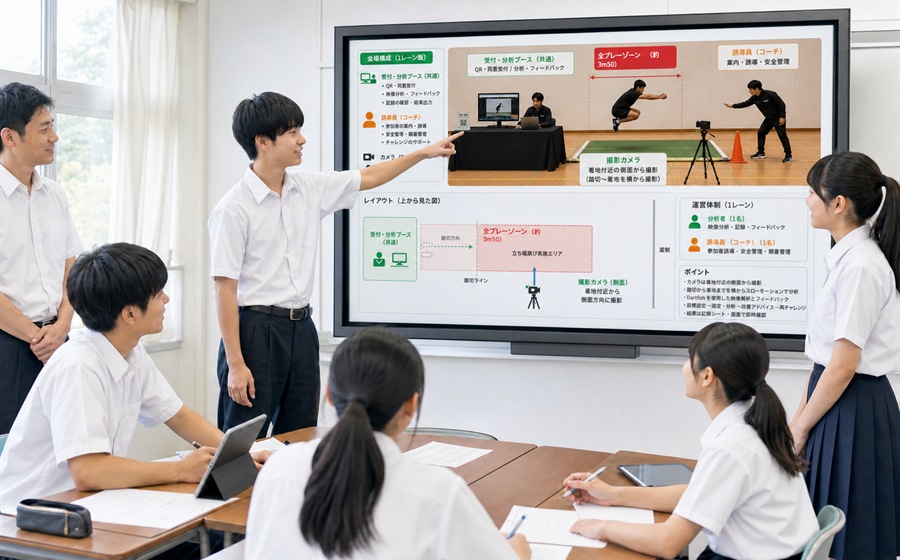 分析計画を大型モニターに映して考察・発表する授業イメージ