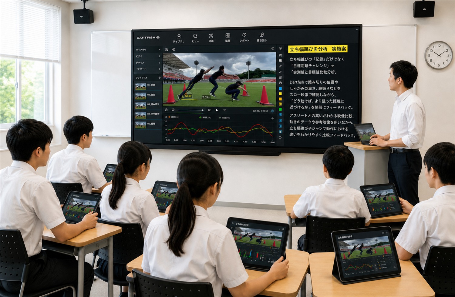 夏服の高校生がタブレットと大型モニターでスポーツ映像を分析する授業イメージ