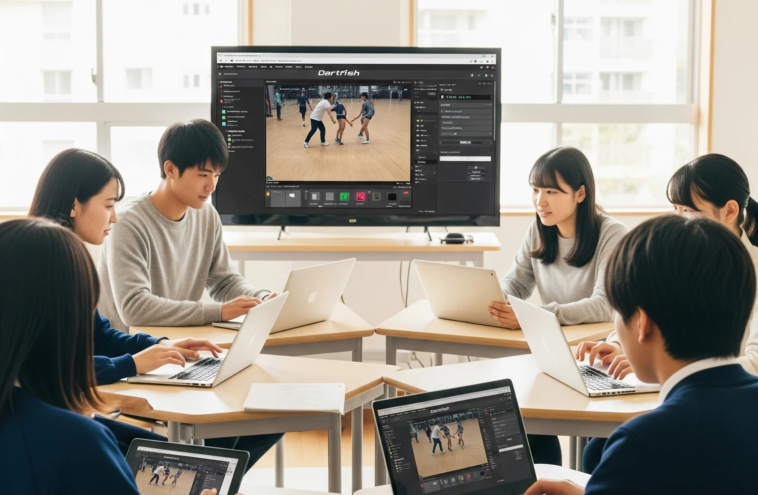 生徒が映像分析を使ってグループ学習を行うイメージ